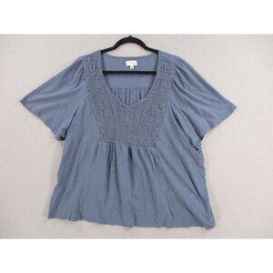Wonderly Dusty Blue Soft Modal Cotton Smocked Vneck Flowy Blouse Top 2x